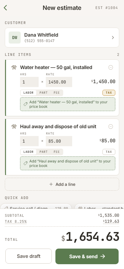 An estimate being built in WorkSolo, with two line items and a running total of $1,654.63.