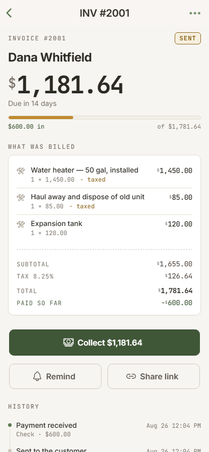 An invoice part paid, with a progress bar and a Collect $1,181.64 button.