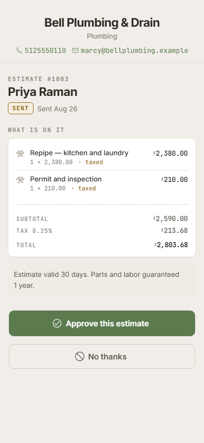 The page a customer opens, showing the estimate and an Approve this estimate button.